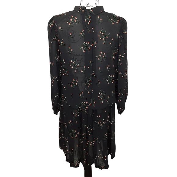 Vintage 80s Drop Waist Mini Dress Peter Pan Collar Sheer Floral Black Womens 10 - Picture 2 of 15